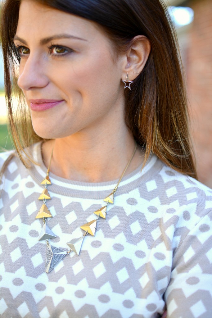 Ashley from LSR in a cropped printed sweater, madewell necklace, and janesko earrings