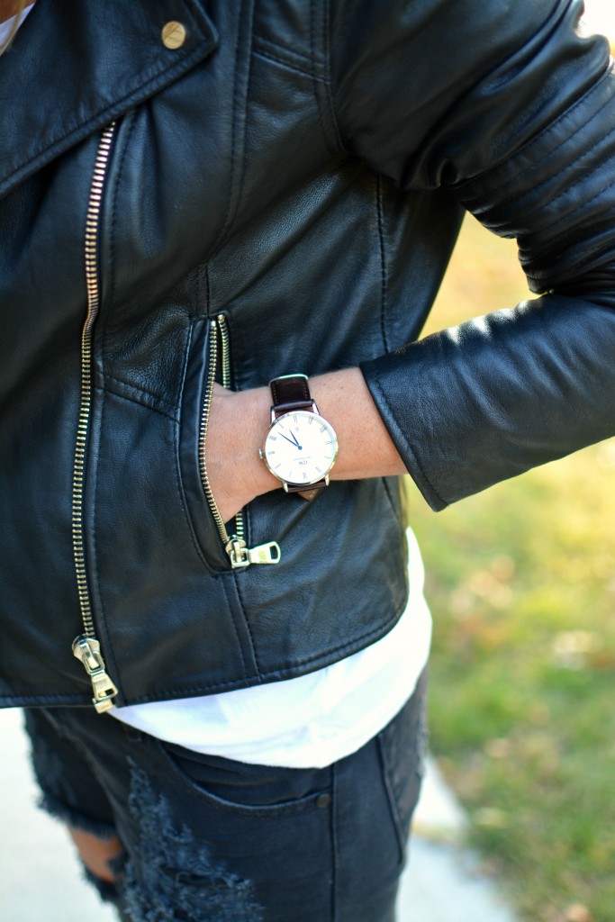 Ashley from LSR in a Daniel Wellington Dapper Bristol watch and River Island leather jacket.