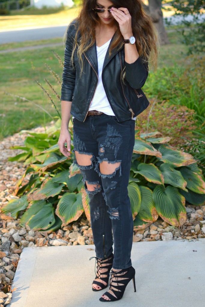 Ashley from LSR in One Teaspoon Freebirds, a River Island leather jacket, and Madden Girl cage sandals.