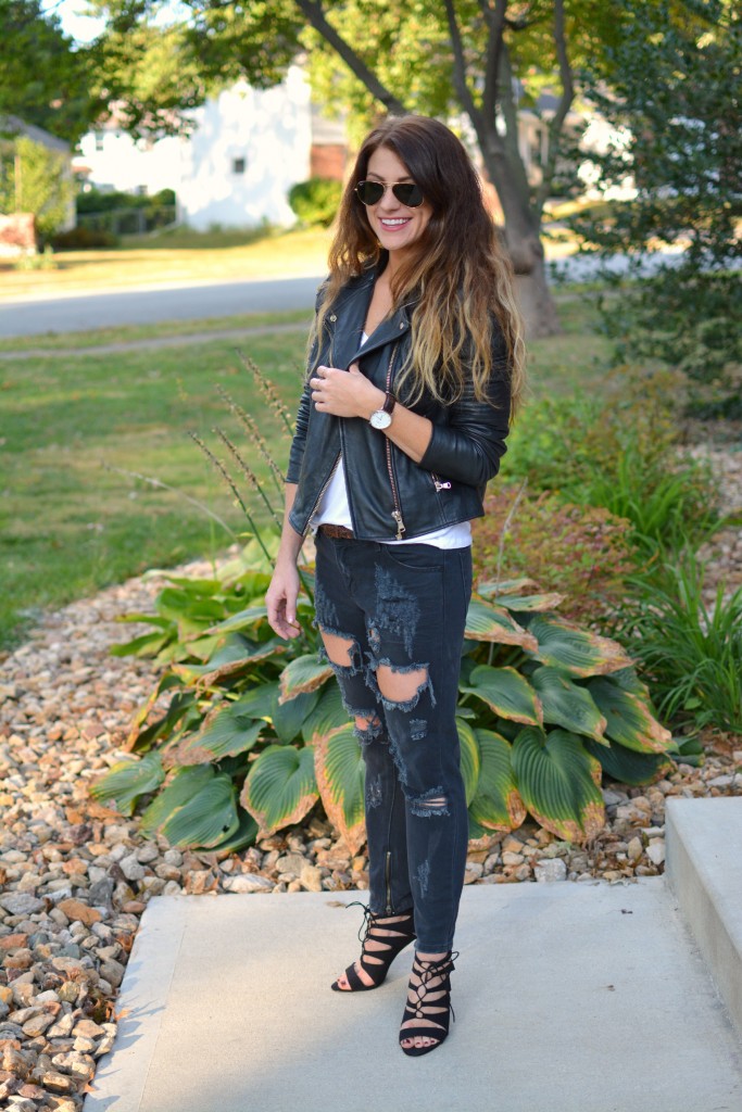 Ashley from LSR in One Teaspoon Freebirds, a River Island leather jacket, and Madden Girl cage sandals.