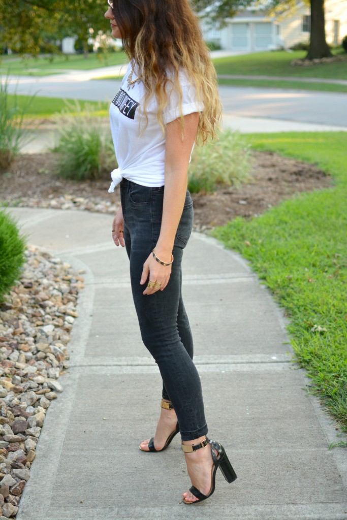 Ashley from LSR in an Ain't No Wifey tee, Madewell jeans, and Topshop sandals.