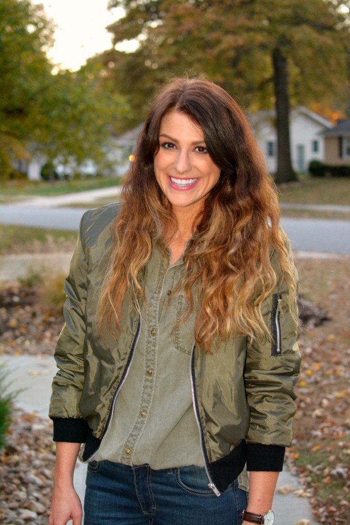 Ashley from LSR in an olive green bomber jacket and Express shirt.