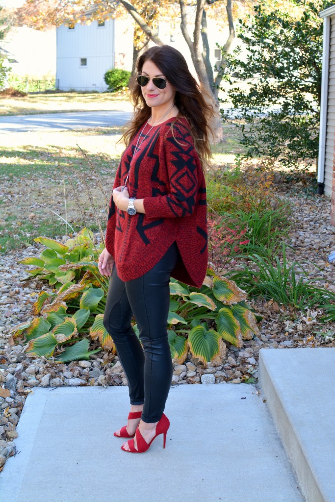 Ashley from LSR in an Express sweater, Blank NYC leather leggings, and burgundy pumps.