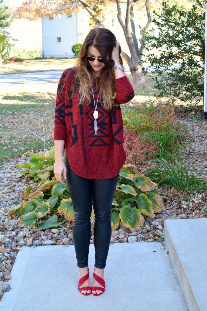 Ashley from LSR in an Express sweater, Blank NYC leather leggings, and burgundy pumps.