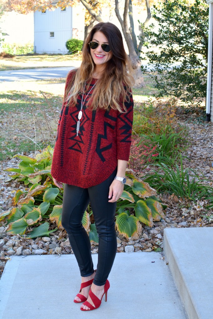 Ashley from LSR in an Express sweater, Blank NYC leather leggings, and burgundy pumps.
