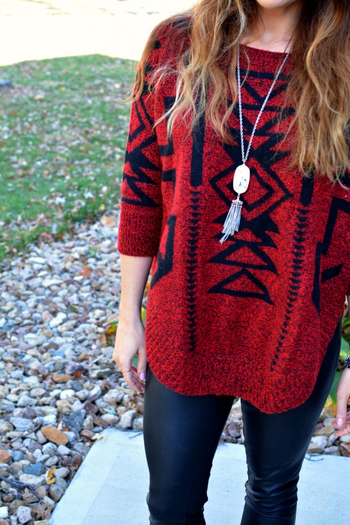 Ashley from LSR in an Express sweater, Blank NYC leather leggings, and a Kendra Scott marble Rayne necklace.