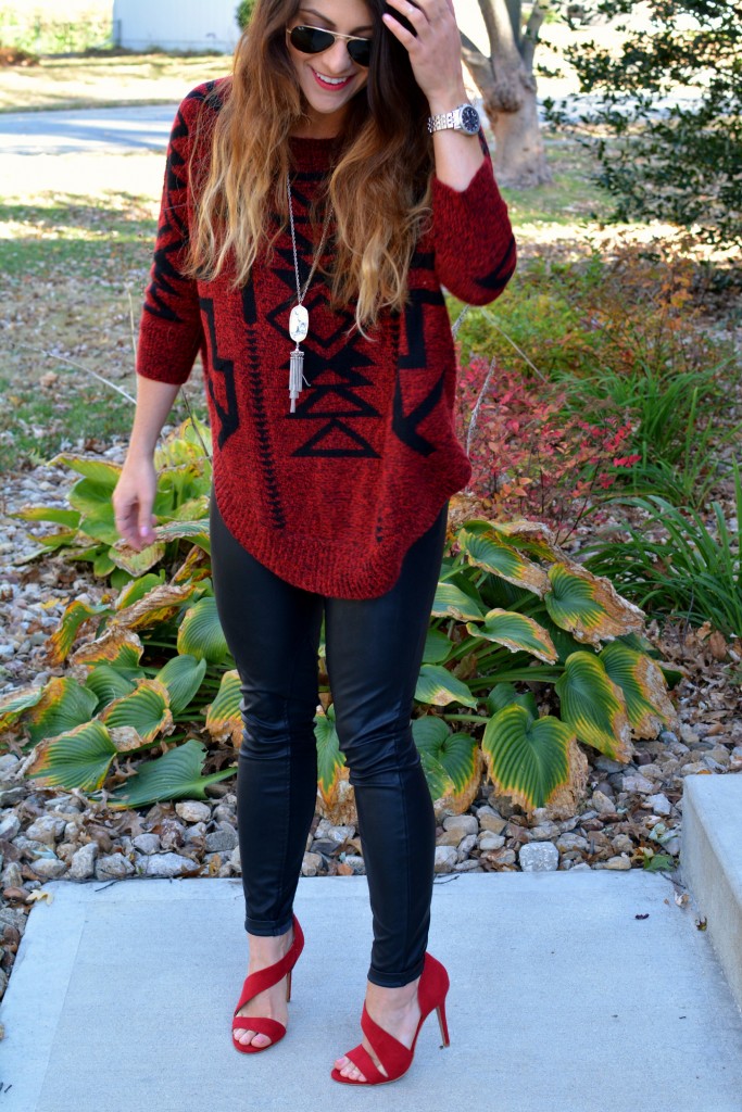 Ashley from LSR in an Express sweater, Blank NYC leather leggings, and burgundy pumps.