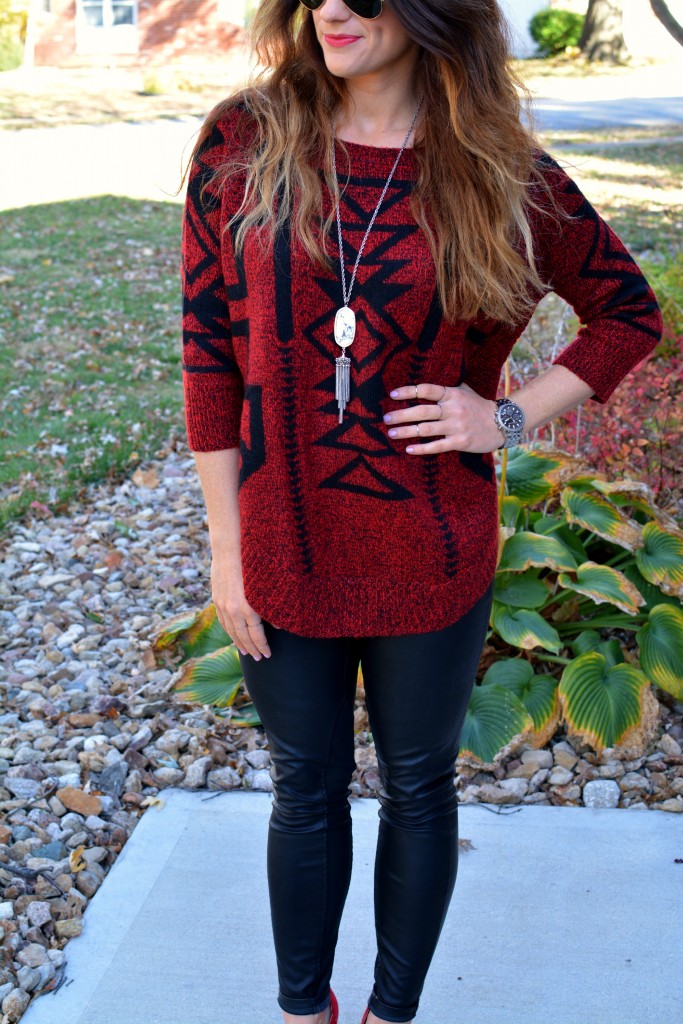 Ashley from LSR in an Express sweater, Blank NYC leather leggings, and a Kendra Scott marble Rayne necklace.