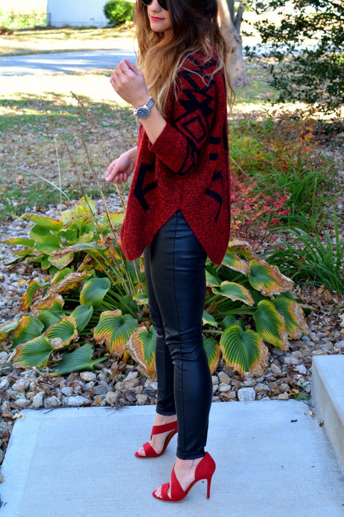 Ashley from LSR in an Express sweater, Blank NYC leather leggings, and burgundy pumps.