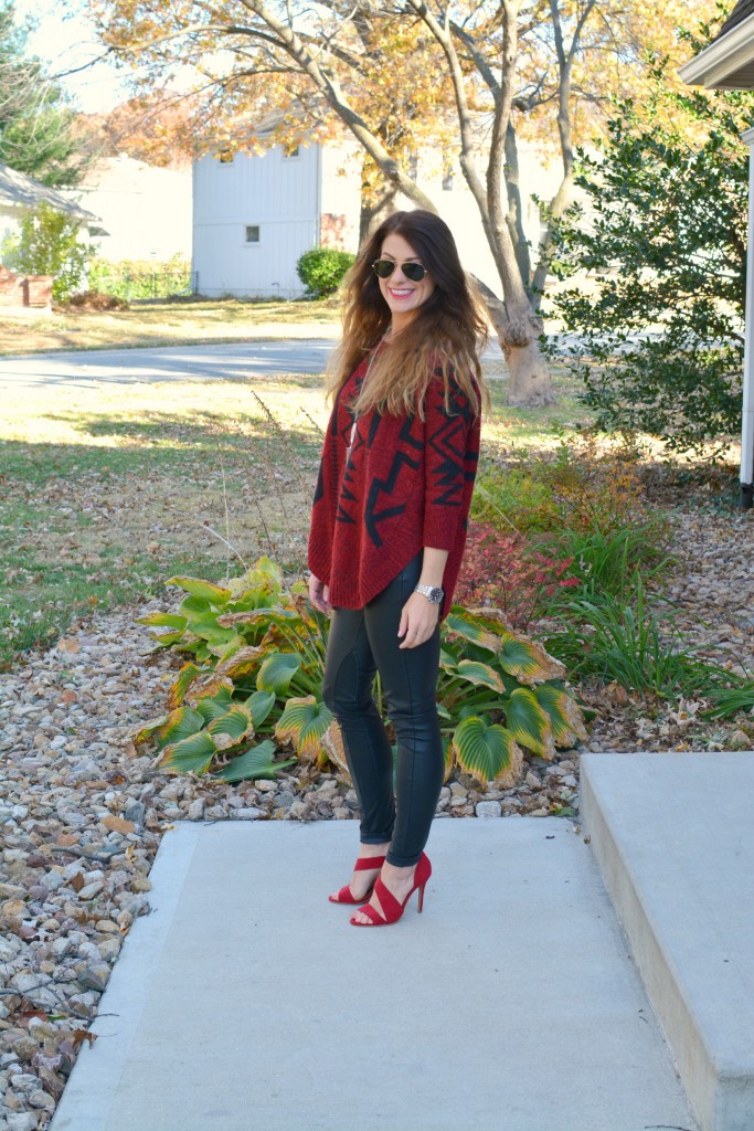 Ashley from LSR in an Express sweater, Blank NYC leather leggings, and burgundy pumps.