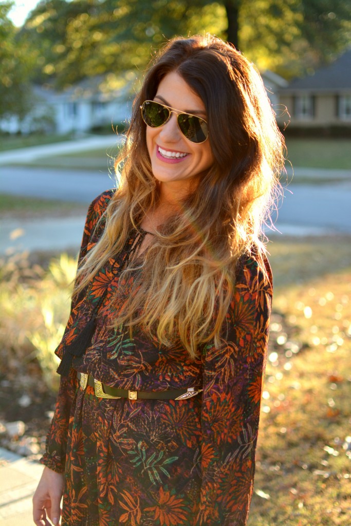 Ashley from LSR in an H&M floral maxi dress, and a double buckle western belt.