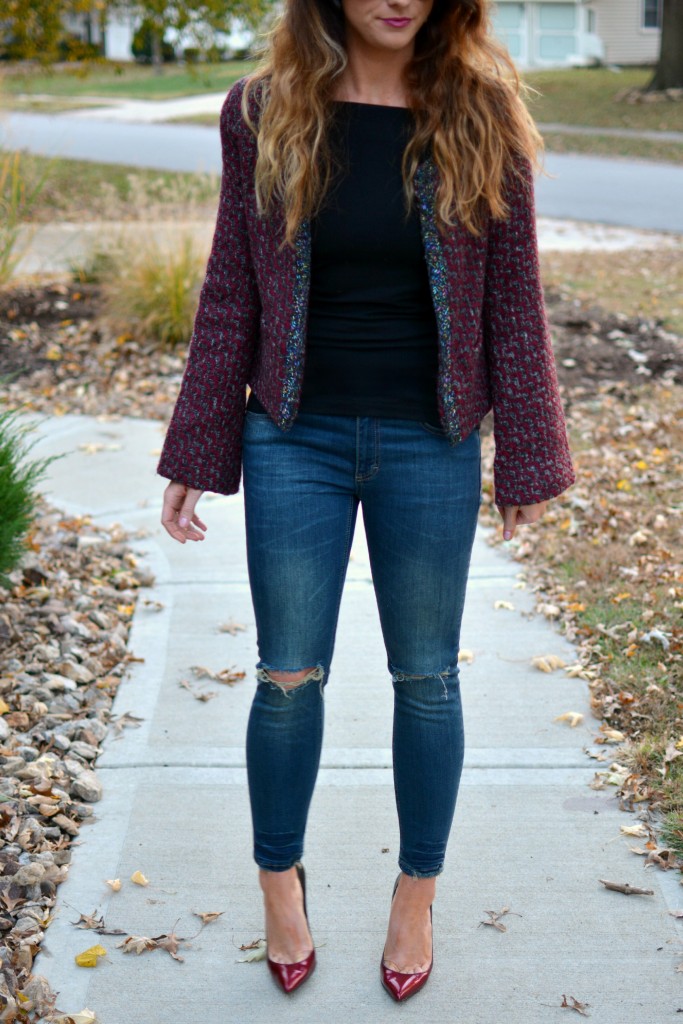 Ashley from LSR in a tweed jacket and Sincerely Jules Detroit jeans.