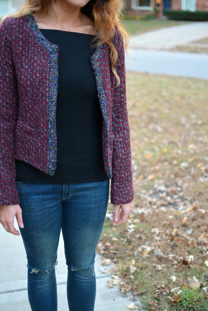 Ashley from LSR in a tweed jacket and Sincerely Jules Detroit jeans.
