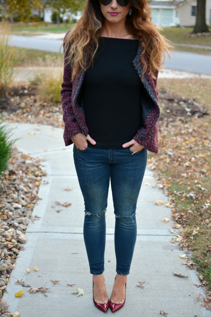 Ashley from LSR in a tweed jacket and Sincerely Jules Detroit jeans.