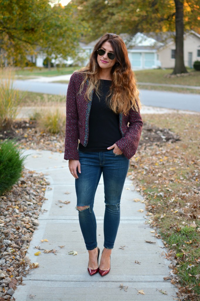 Ashley from LSR in a tweed jacket and Sincerely Jules Detroit jeans.