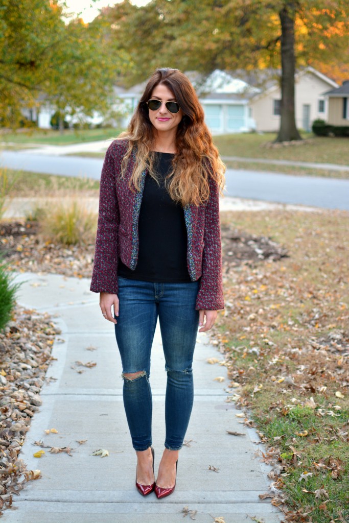 Ashley from LSR in a tweed jacket and Sincerely Jules Detroit jeans.