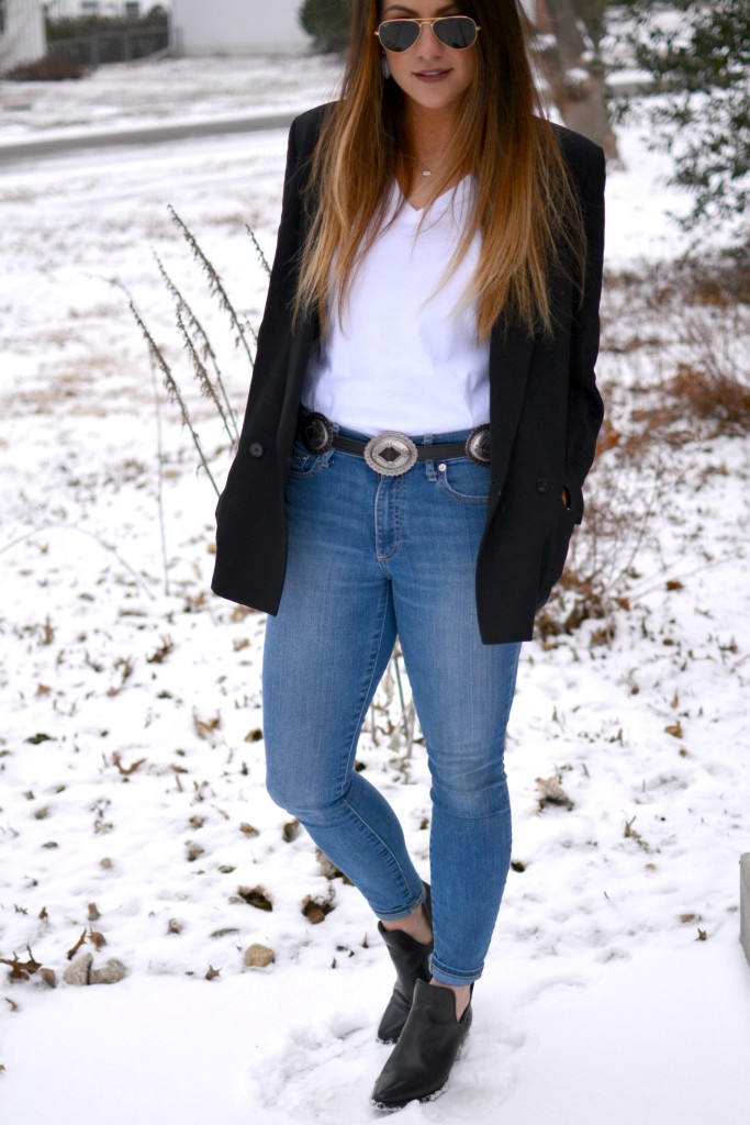 Ashley from LSR in a vintage Brooks Brothers blazer, a concho belt, and Steve Madden Dextir boots