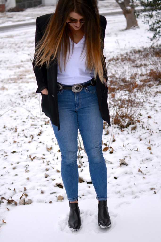 Ashley from LSR in a vintage Brooks Brothers blazer, a concho belt, and Steve Madden Dextir boots