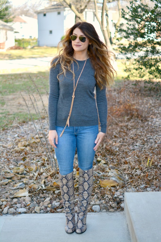 Ashley from LSR in a gray sweater and Sam Edelman Rylan boots