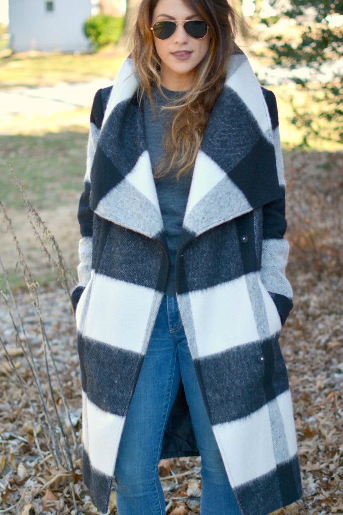 Ashley from LSR in a plaid statement coat and Gap jeans