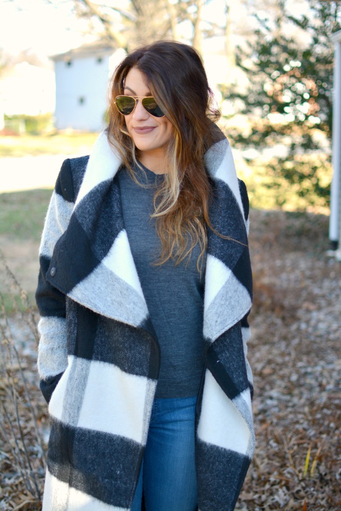 Ashley from LSR in a plaid statement coat and Gap jeans