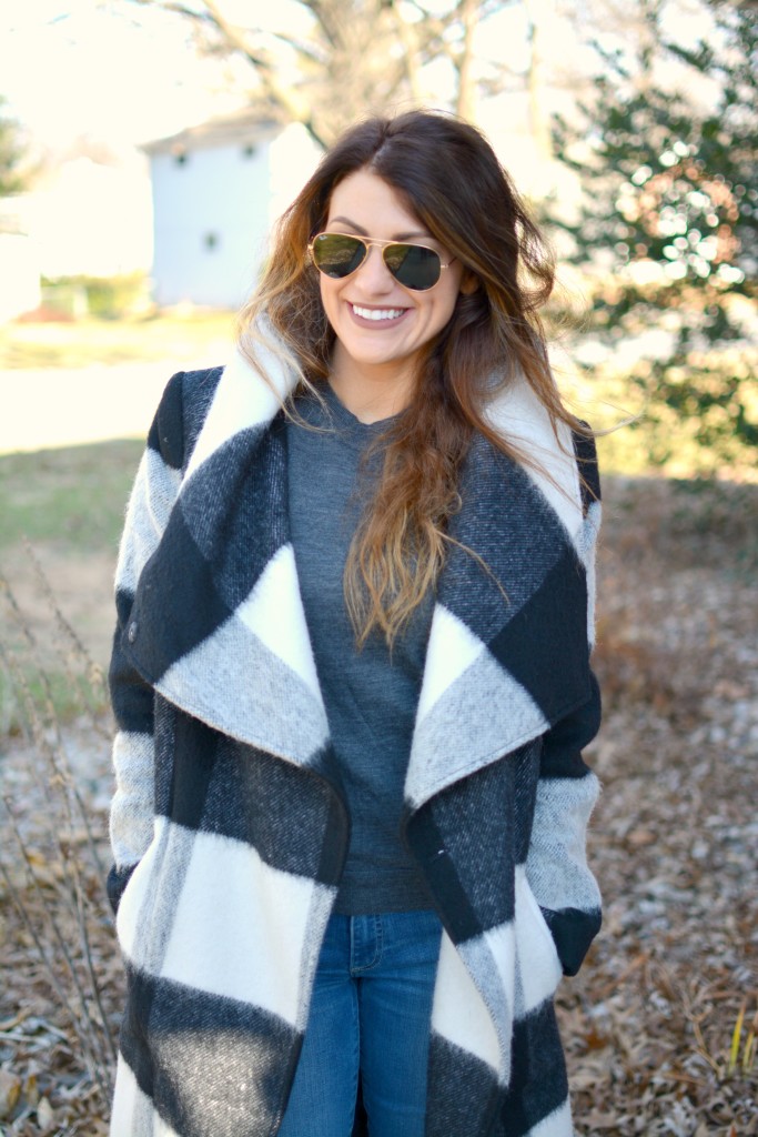 Ashley from LSR in a plaid statement coat and Gap jeans