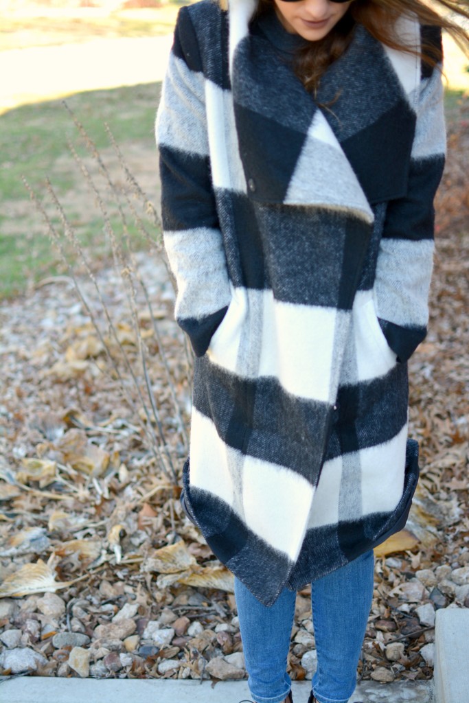 Ashley from LSR in a plaid statement coat and Gap jeans