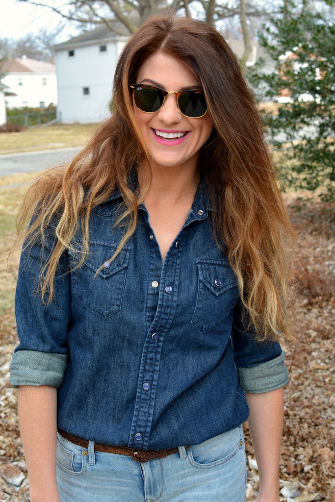 Ashley from LSR in Ray-Ban Clubmaster sunglasses and a denim shirt