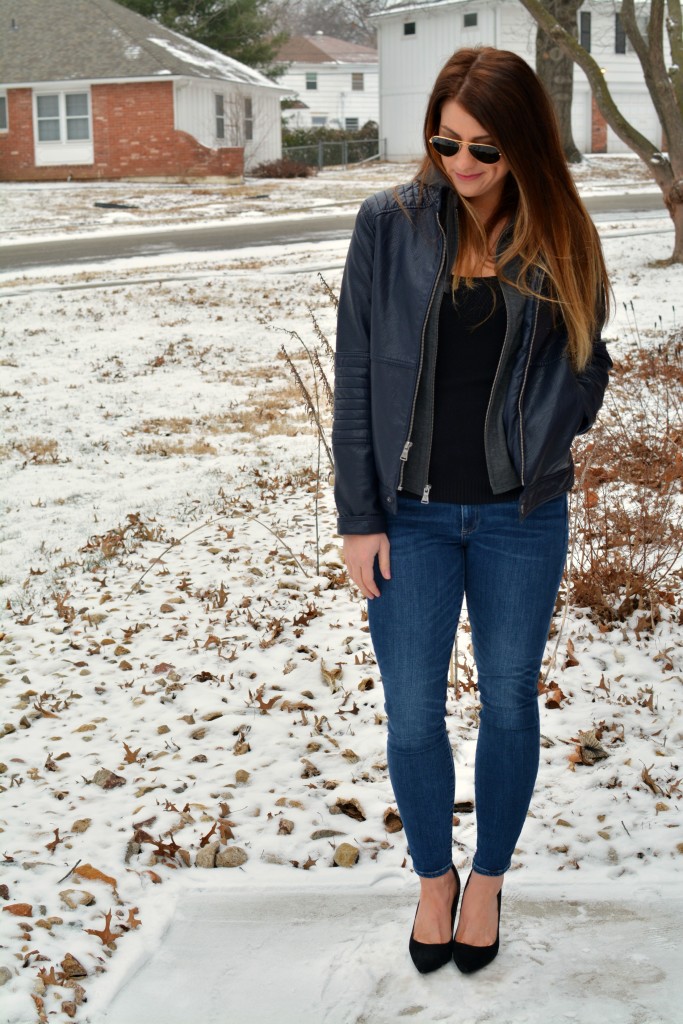 Ashley from LSR in a men's Express leather jacket and black pumps