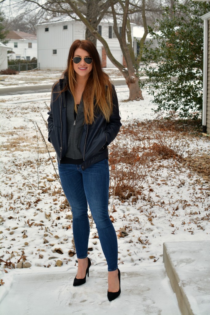 Ashley from LSR in a men's Express leather jacket and black pumps