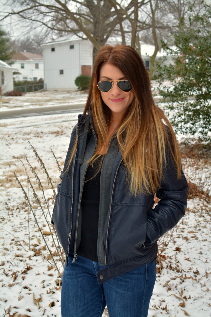 Ashley from LSR in a men's Express leather jacket