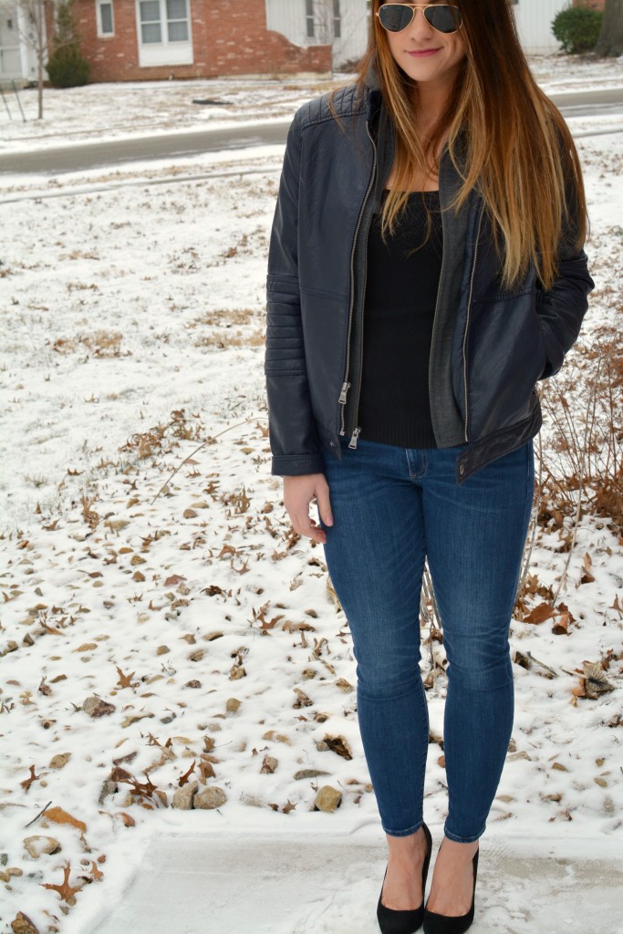 Ashley from LSR in a men's Express leather jacket and black pumps