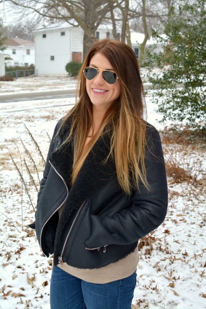 Ashley from LSR in a shearling moto jacket