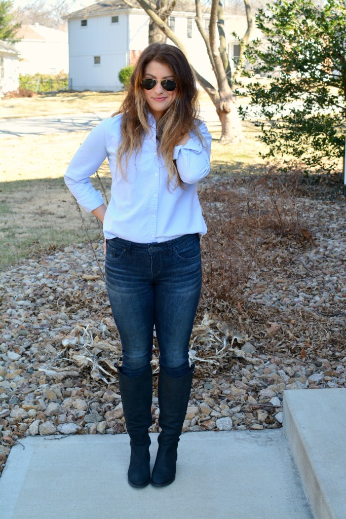 Ashley from LSR in a light blue button-up and Ted and Muffy boots