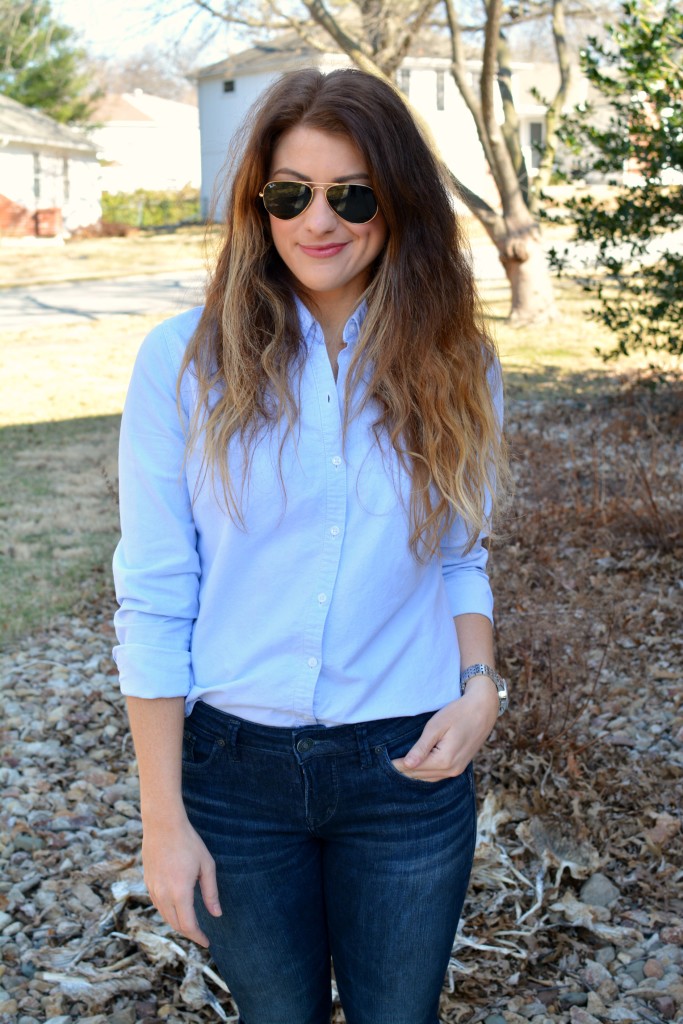 Ashley from LSR in a light blue button-up and Silver jeans.