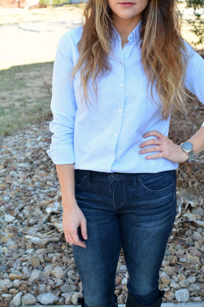 Ashley from LSR in a light blue button-up and Silver jeans.