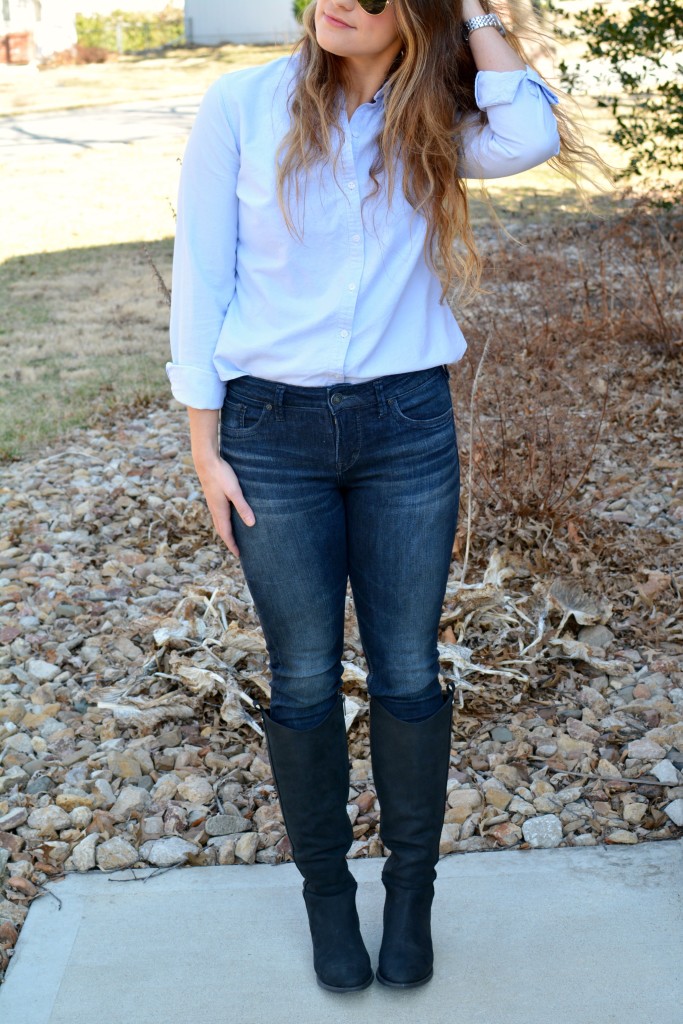 Ashley from LSR in a light blue button-up and Ted and Muffy boots