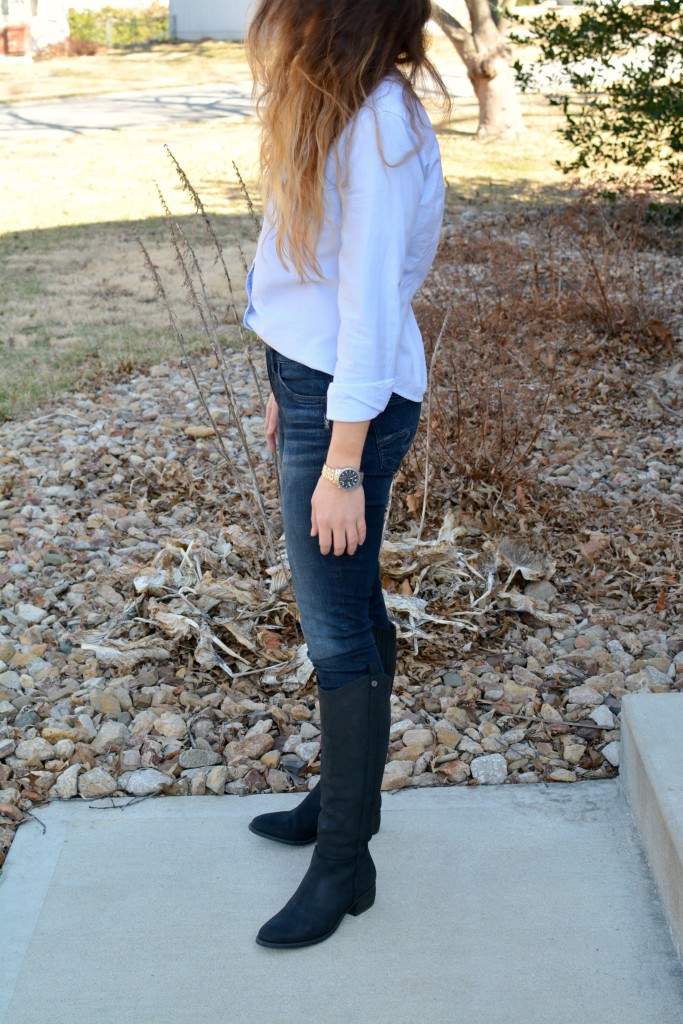 Ashley from LSR in a light blue button-up and Ted and Muffy boots