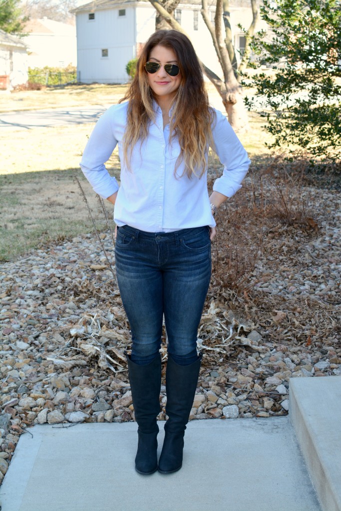 Ashley from LSR in a light blue button-up and Ted and Muffy boots