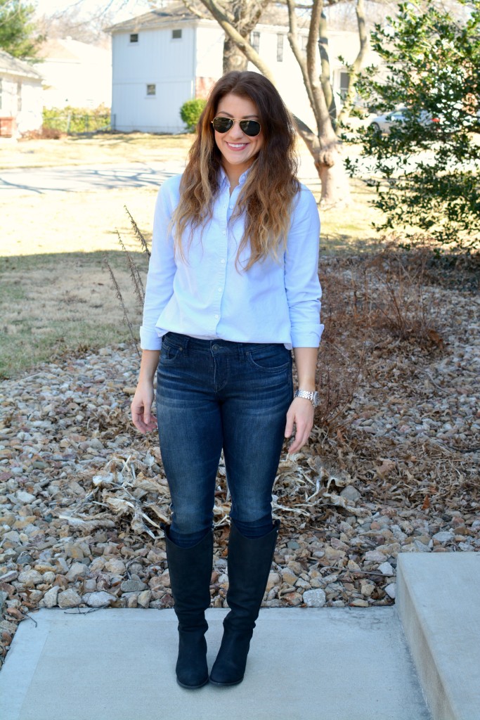 Ashley from LSR in a light blue button-up and Ted and Muffy boots