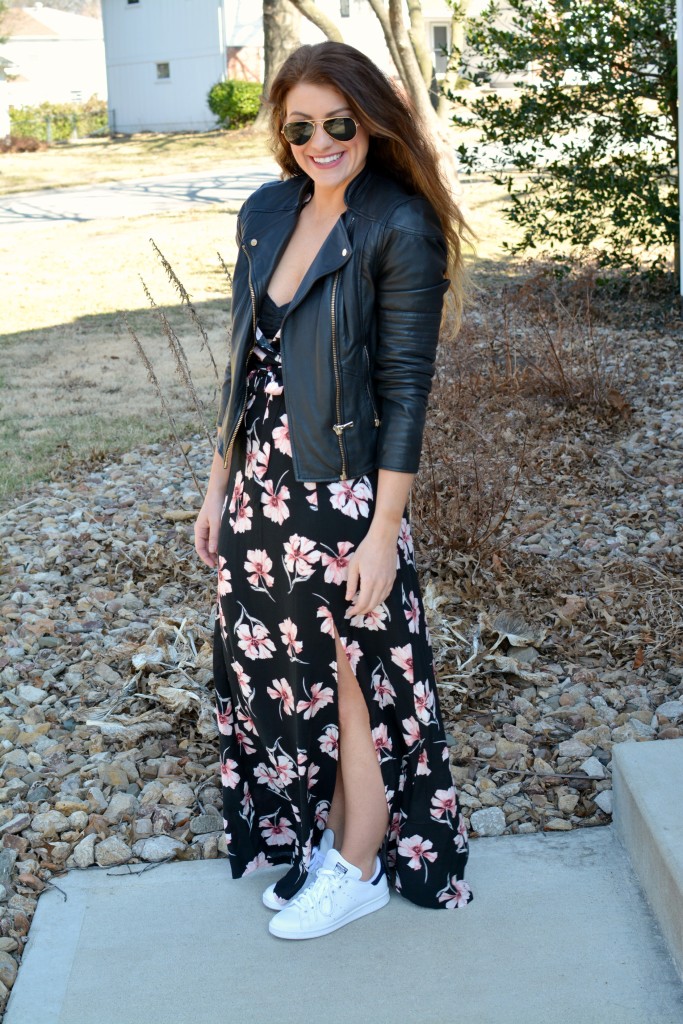 Ashley from LSR in a floral maxi dress, leather jacket, and Stan Smith sneakers