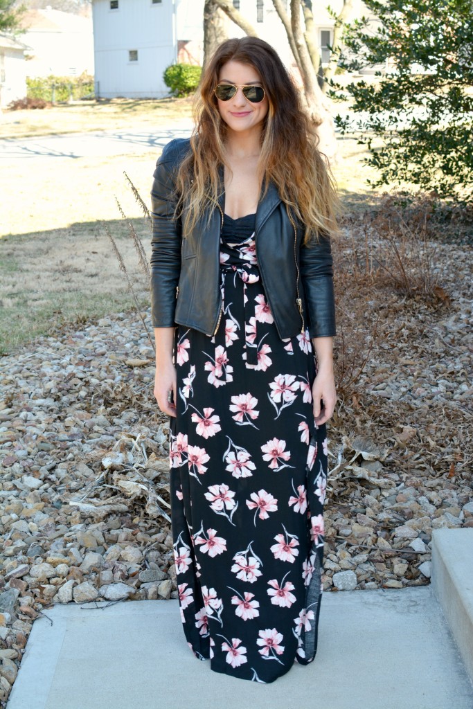Ashley from LSR in a floral maxi dress, leather jacket, and Stan Smith sneakers