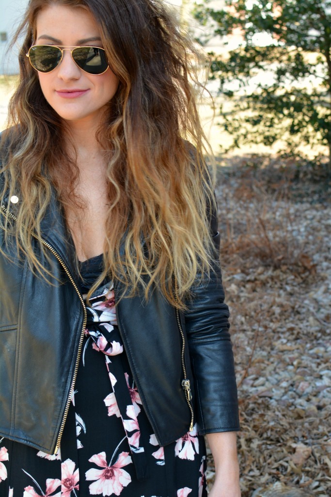 Ashley from LSR in a floral maxi dress and leather jacket