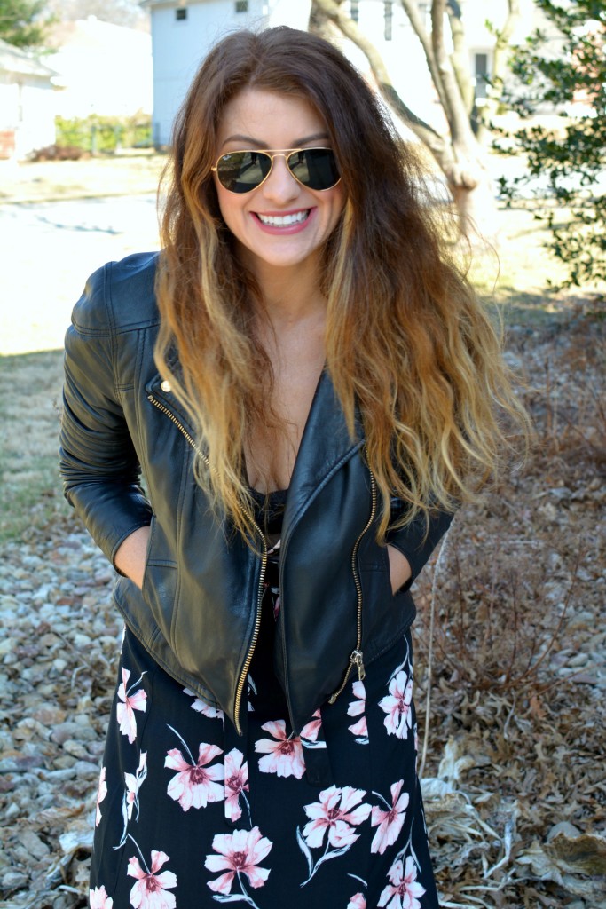 Ashley from LSR in a floral maxi dress and leather jacket