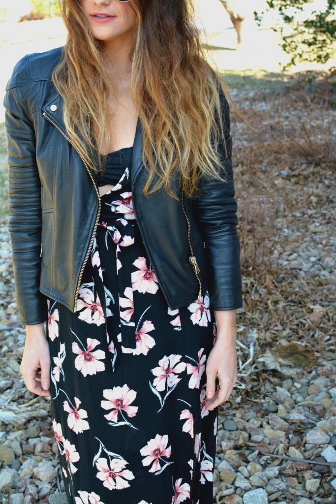 Ashley from LSR in a floral maxi dress and leather jacket