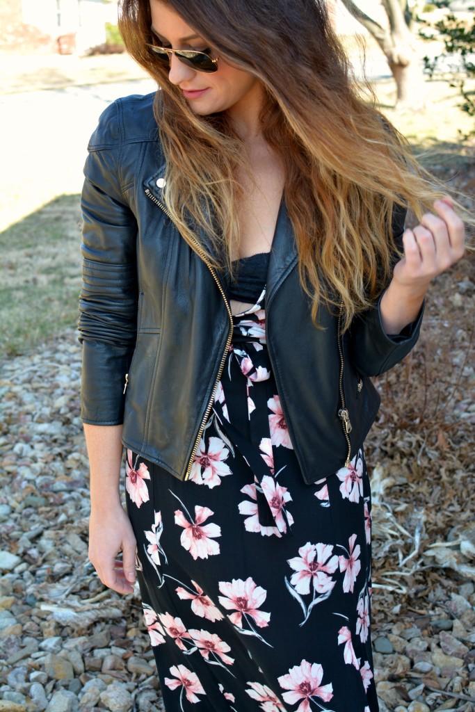 Ashley from LSR in a floral maxi dress and leather jacket