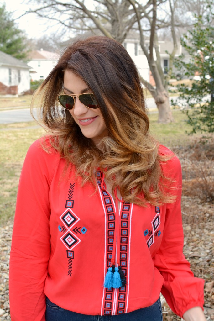 Ashley from LSR in a red peasant blouse