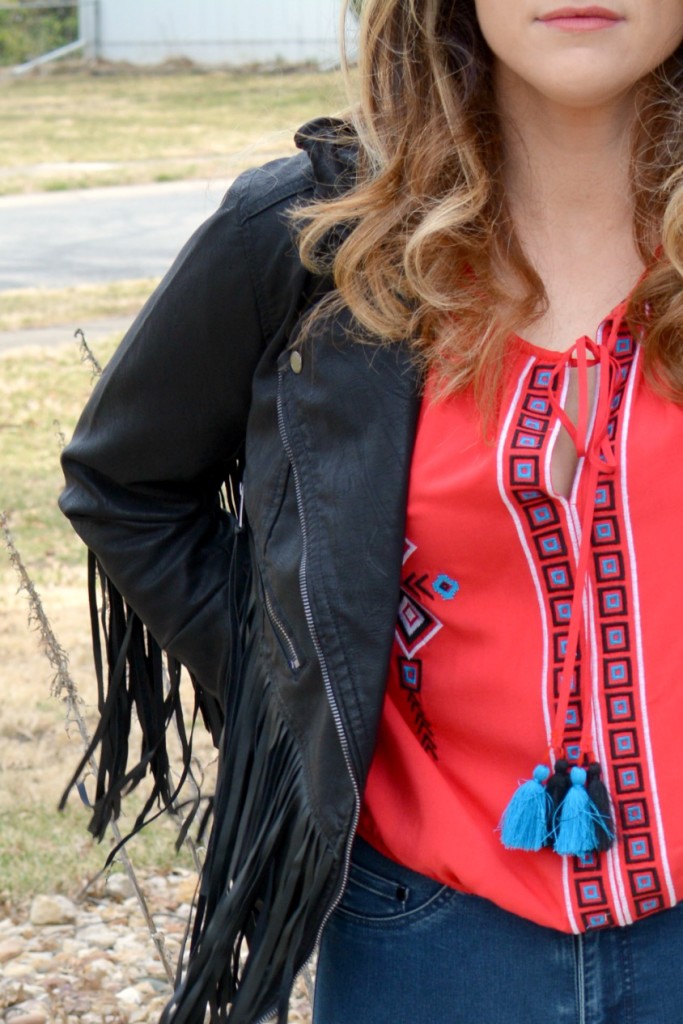 Ashley from LSR in a fringe faux leather jacket and peasant blouse