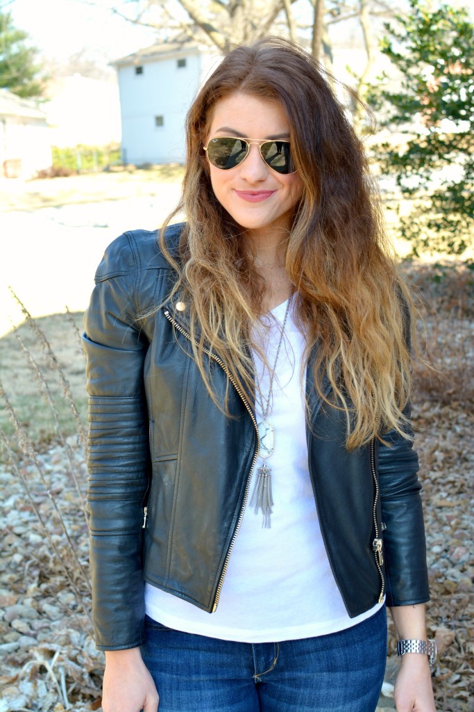 Ashley from LSR in a leather biker jacket and a Kendra Scott Rayne necklace