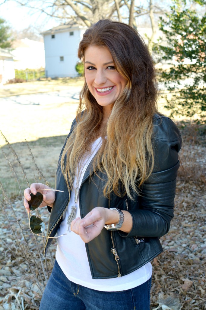 Ashley from LSR in a leather biker jacket and Joe's jeans